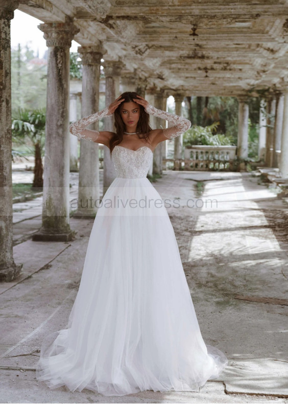 Strapless White Lace Tulle Twinkling Wedding Dress With Removable Sleeves